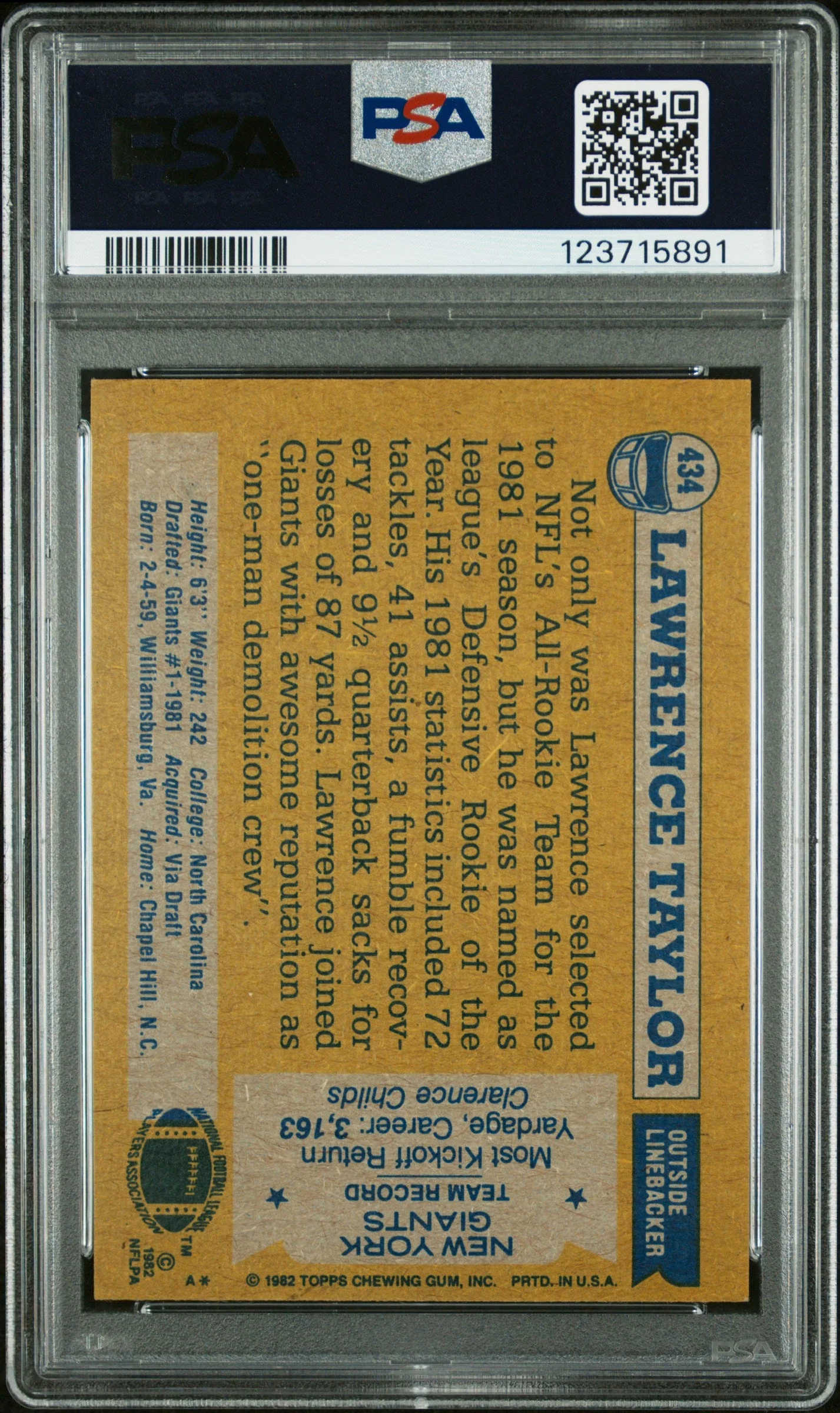 Graded 1982 Topps Lawrence Taylor #434 Rookie RC Signed Football Card PSA 6 Card - Auto Grade 9 - Image 2