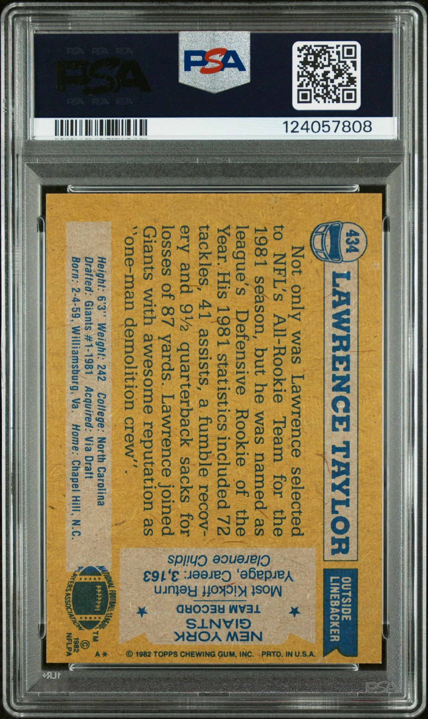 Graded 1982 Topps Lawrence Taylor #434 Rookie RC Signed Football Card PSA 6 Card - Auto Grade Authentic - Image 2