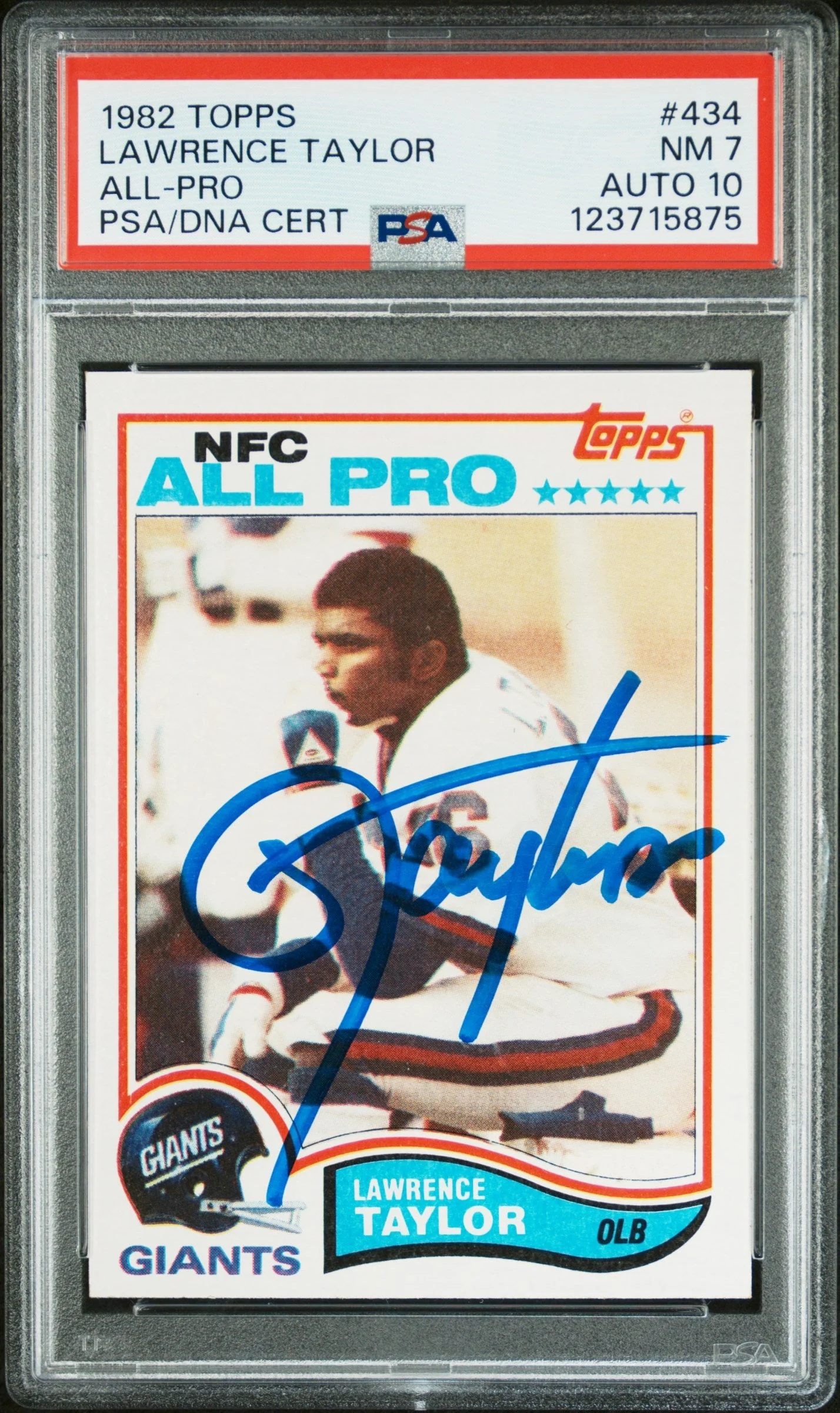 Graded 1982 Topps Lawrence Taylor #434 Rookie RC Signed Football Card PSA 7 Card - Auto Grade 10