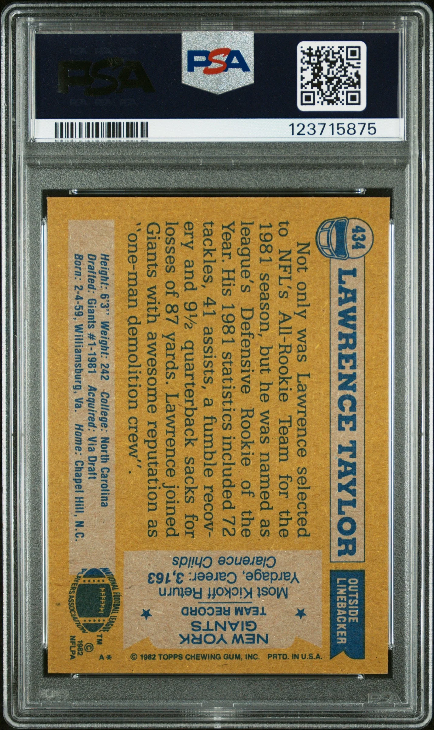 Graded 1982 Topps Lawrence Taylor #434 Rookie RC Signed Football Card PSA 7 Card - Auto Grade 10 - Image 2