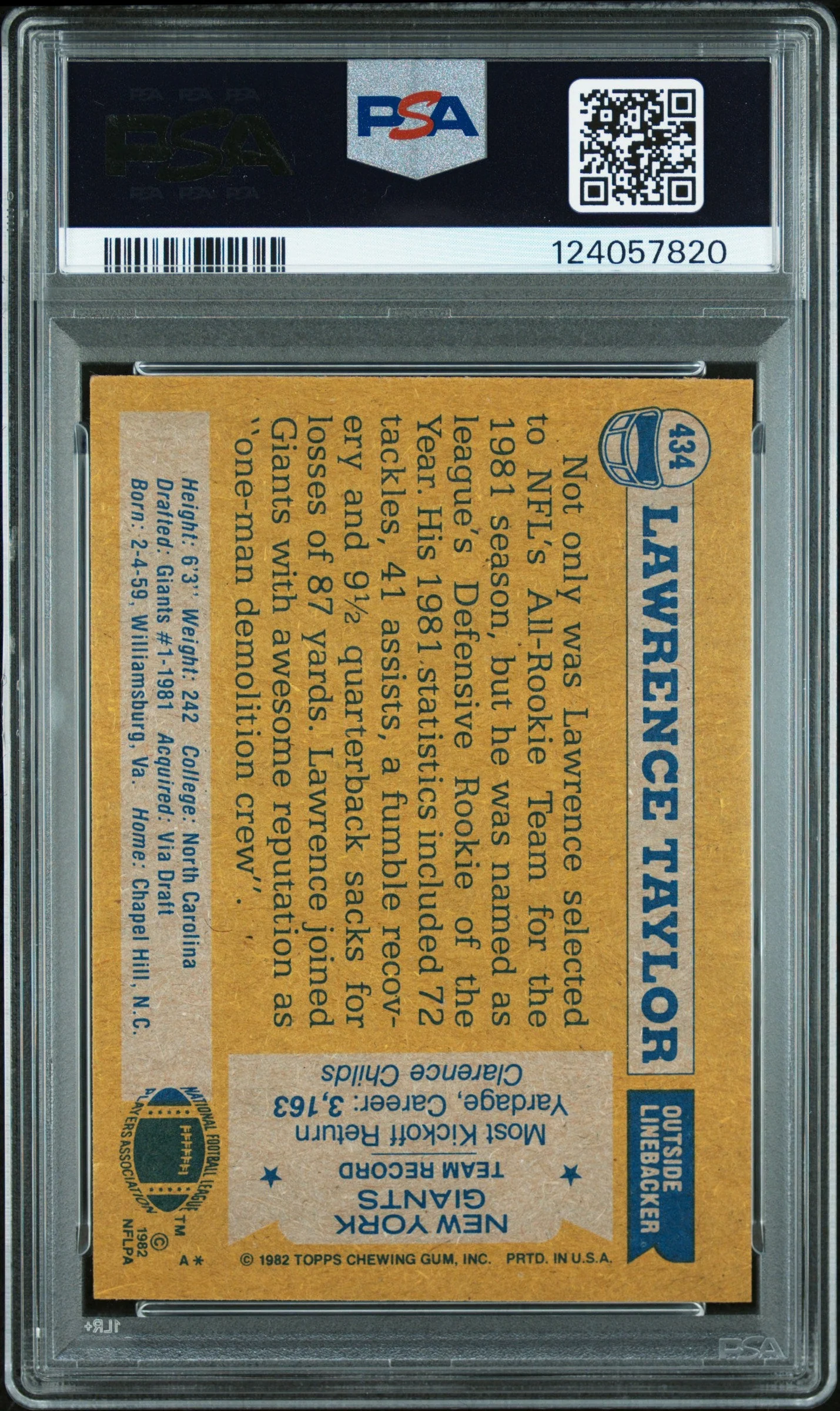 Graded 1982 Topps Lawrence Taylor #434 Rookie RC Signed Football Card PSA 7 Card - Auto Grade Authentic - Image 2
