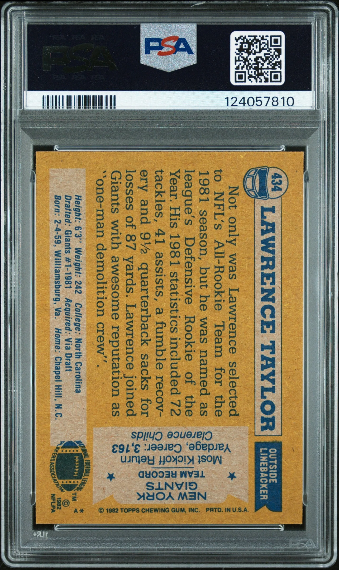 Graded 1982 Topps Lawrence Taylor #434 Rookie RC Signed Football Card PSA 8 Card - Auto Grade Authentic - Image 2