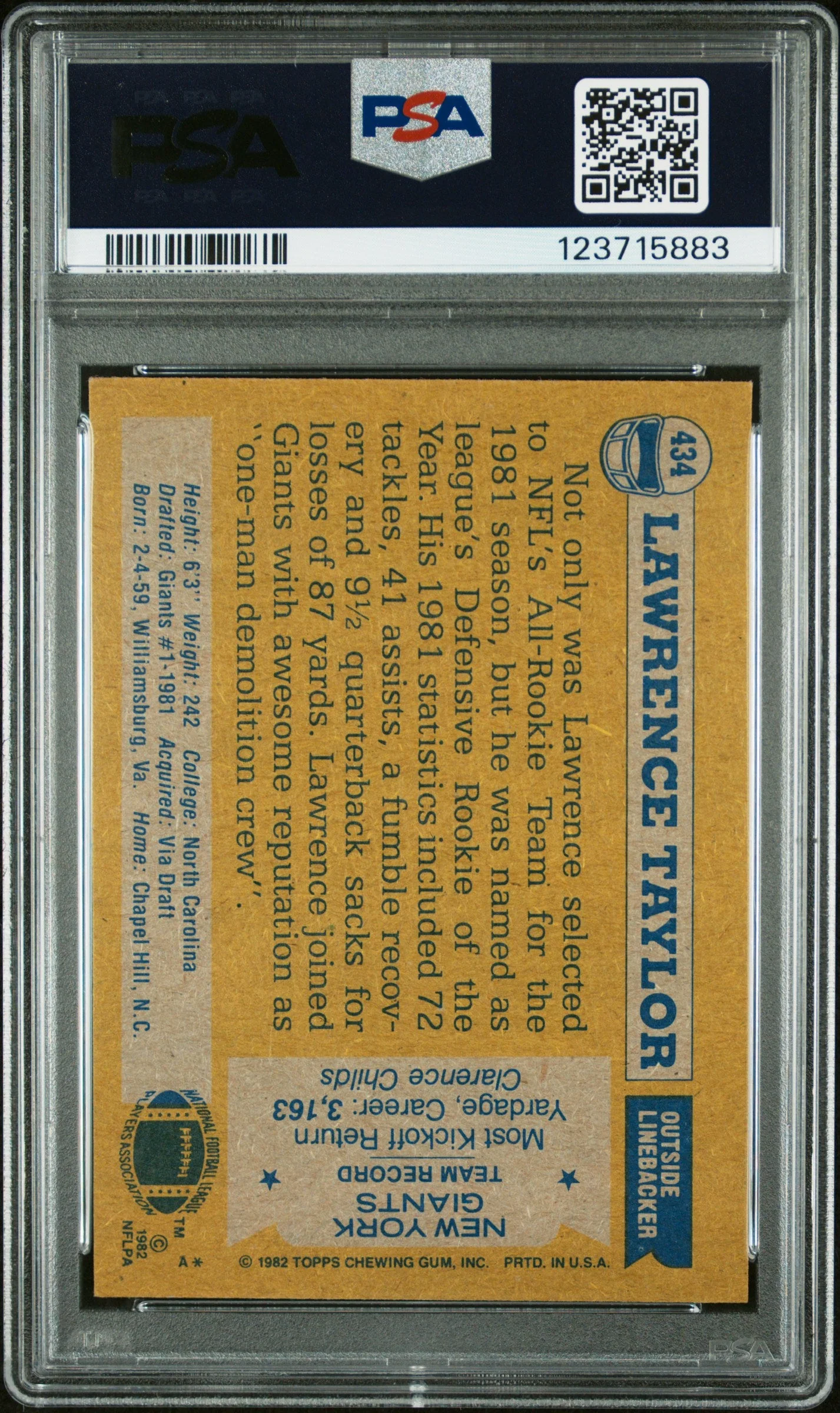 Graded 1982 Topps Lawrence Taylor #434 Rookie RC Signed Football Card PSA 9 Card - Auto Grade 10 - Image 2