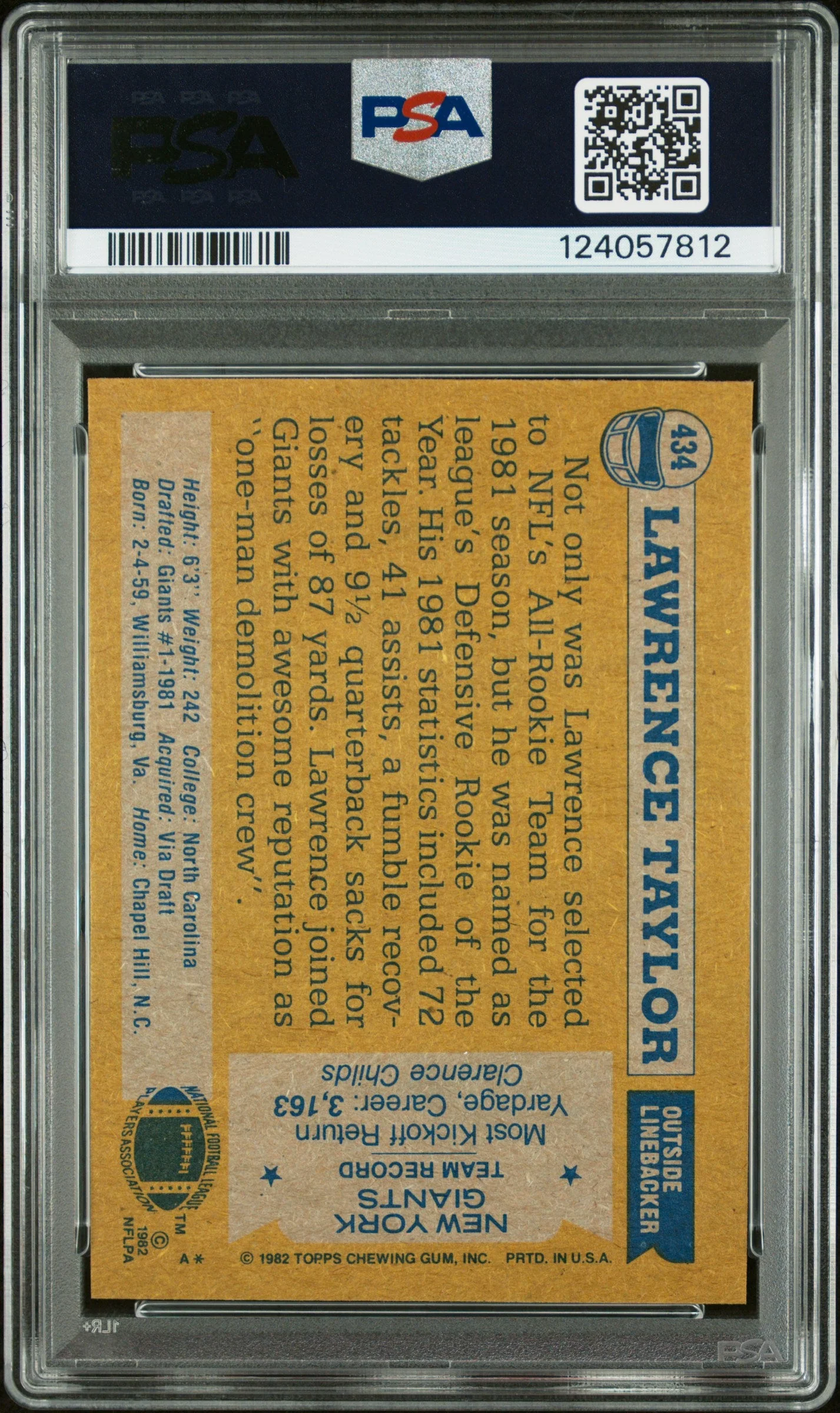 Graded 1982 Topps Lawrence Taylor #434 Rookie RC Signed Football Card PSA 9 Card - Auto Grade Authentic - Image 2