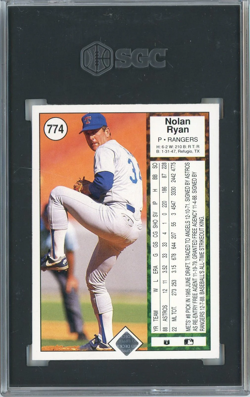 Graded 1989 Upper Deck Nolan Ryan Throwing Football #774 Baseball Card SGC 9 Mint - Image 2