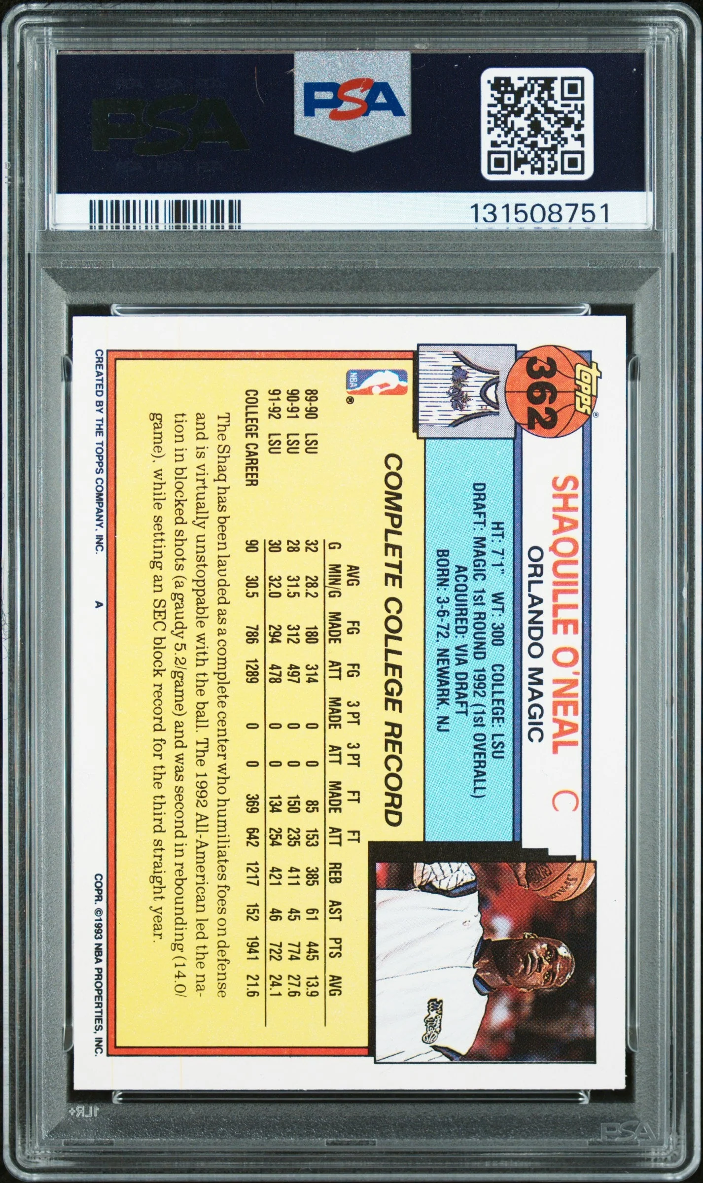 Graded 1992-93 Topps Shaquille O'Neal #362 Rookie RC Basketball Card PSA 10 Auto Grade Gem Mint - Image 2