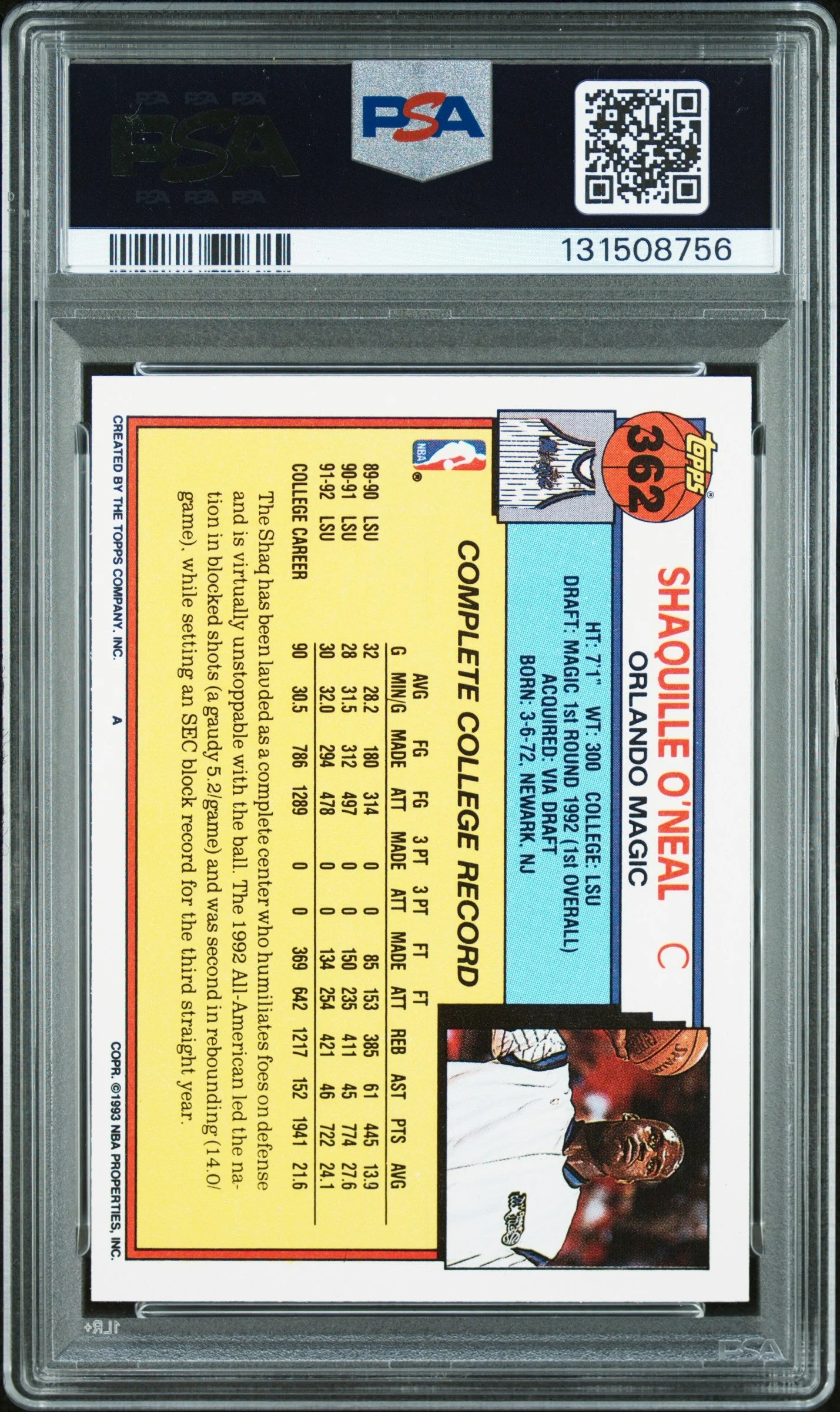 Graded 1992-93 Topps Shaquille O'Neal #362 Rookie RC Basketball Card PSA 9 Auto Grade Mint - Image 2