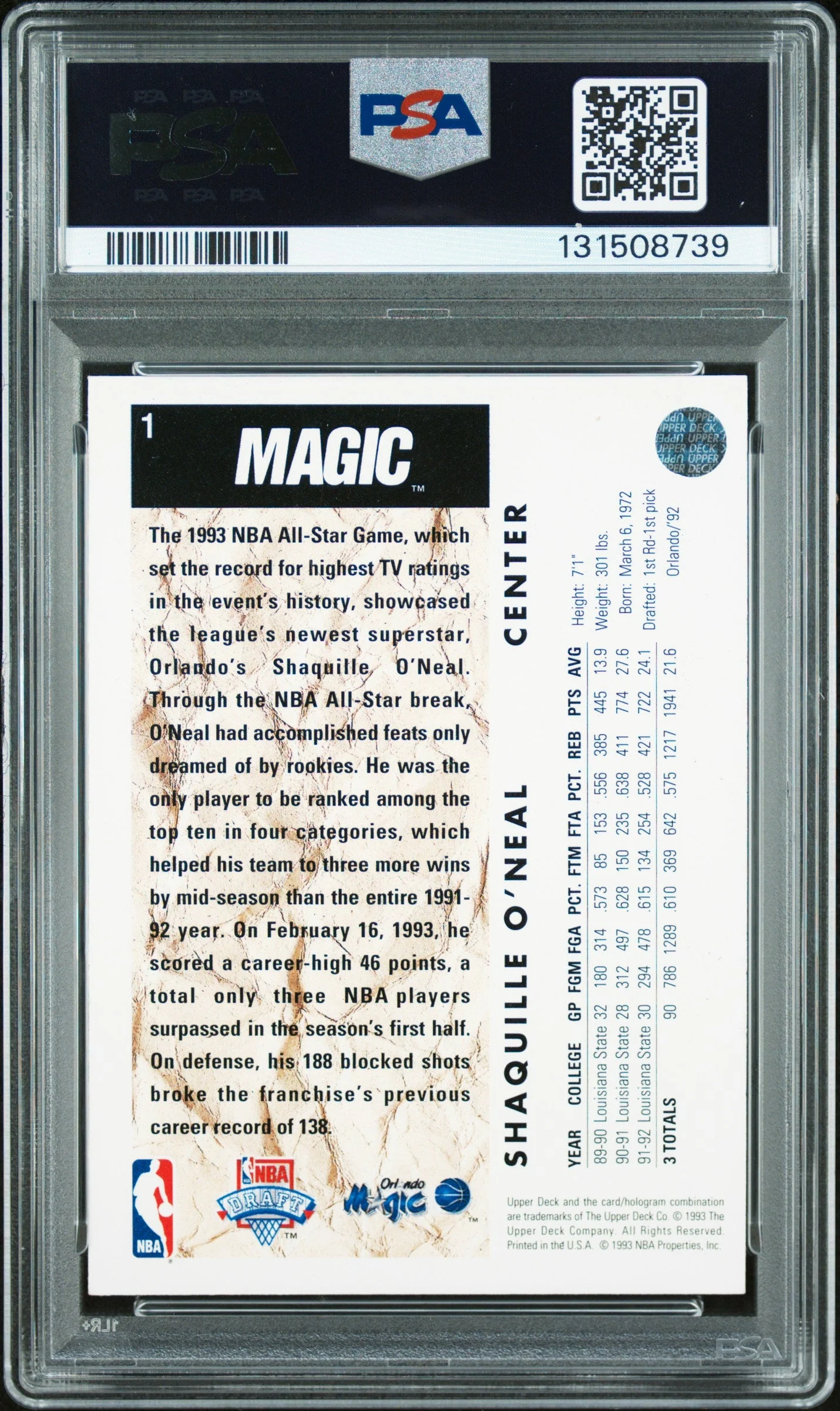 Graded 1992-93 Upper Deck Shaquille O'Neal #1 Rookie RC Basketball Card PSA 9 Auto Grade Mint - Image 2