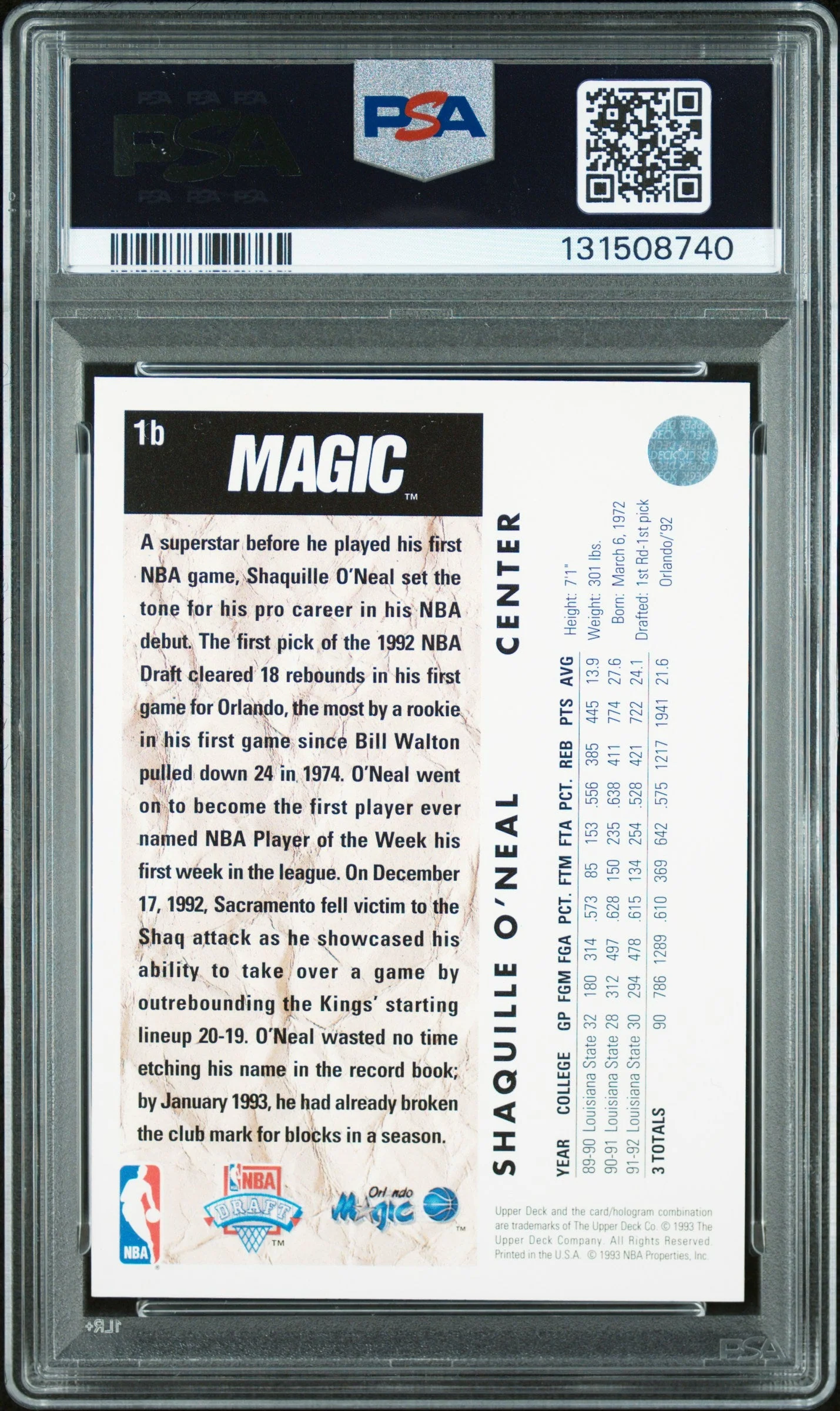 Graded 1992-93 Upper Deck Shaquille O'Neal #1b Rookie RC Basketball Card PSA 10 Auto Grade Gem Mint - Image 2