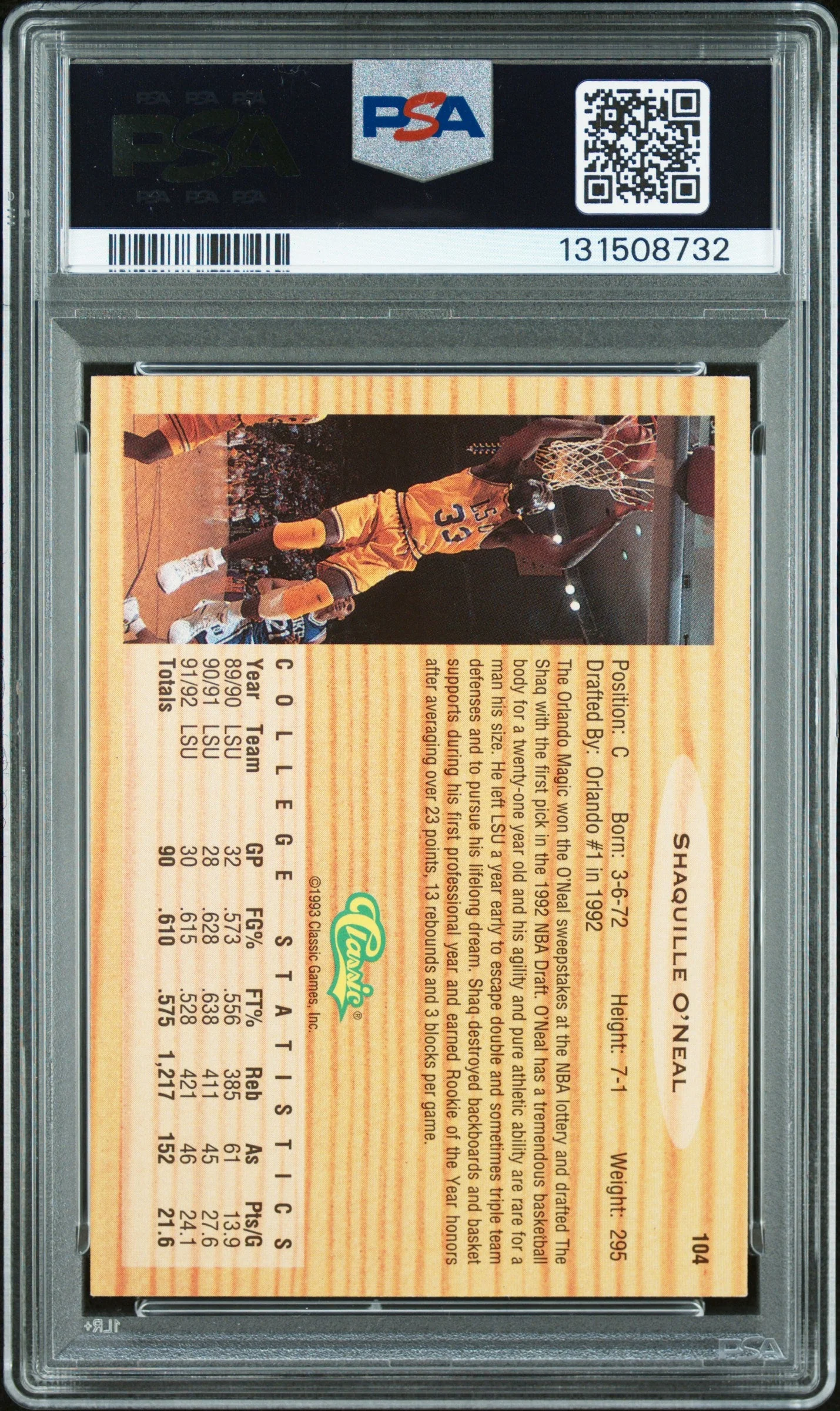 Graded 1993 Classic Draft Picks Shaquille O'Neal #104 Rookie RC Basketball Card PSA 10 Auto Grade Gem Mint - Image 2
