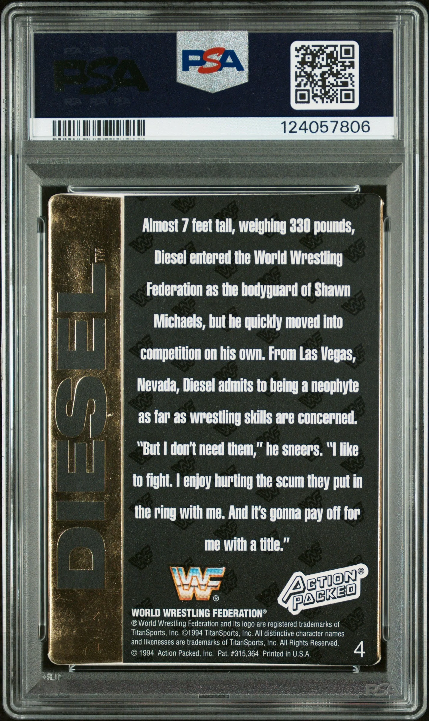 Graded 1994 Action Packed WWF Kevin Nash Diesel #4 Rookie RC Signed Wrestling Card PSA 6 Card - Auto Grade Authentic - Image 2