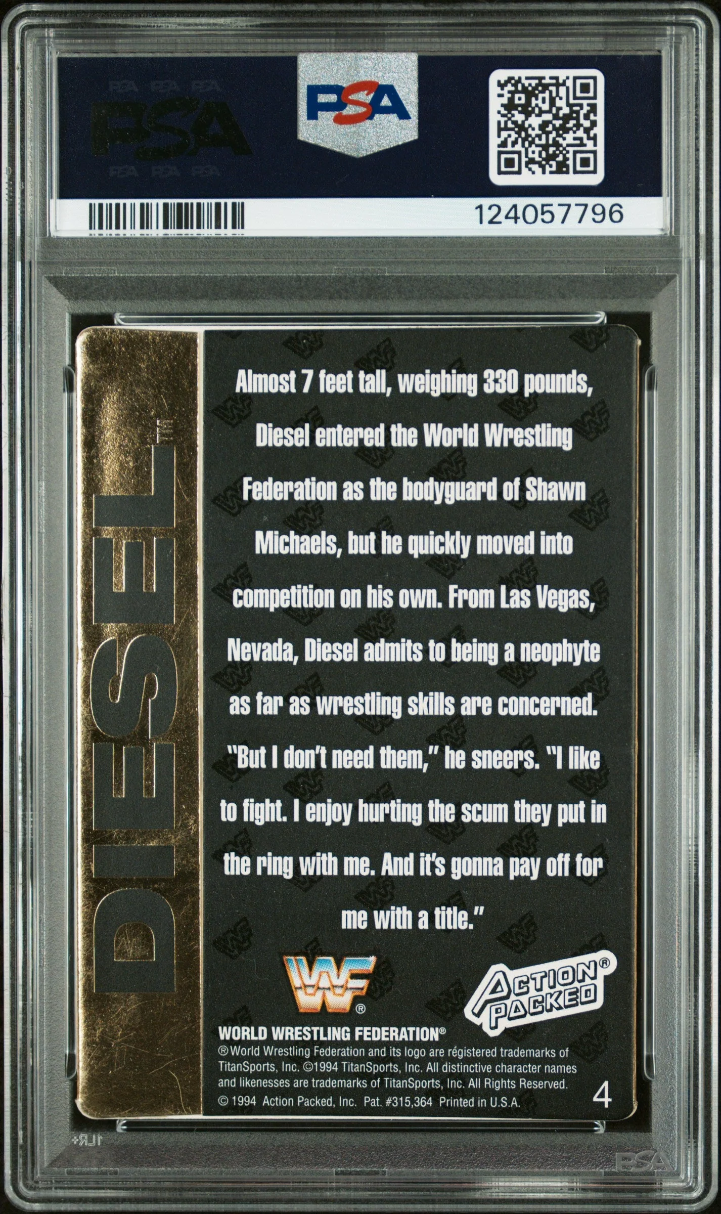 Graded 1994 Action Packed WWF Kevin Nash Diesel #4 Rookie RC Signed Wrestling Card PSA 7 Card - Auto Grade Authentic - Image 2