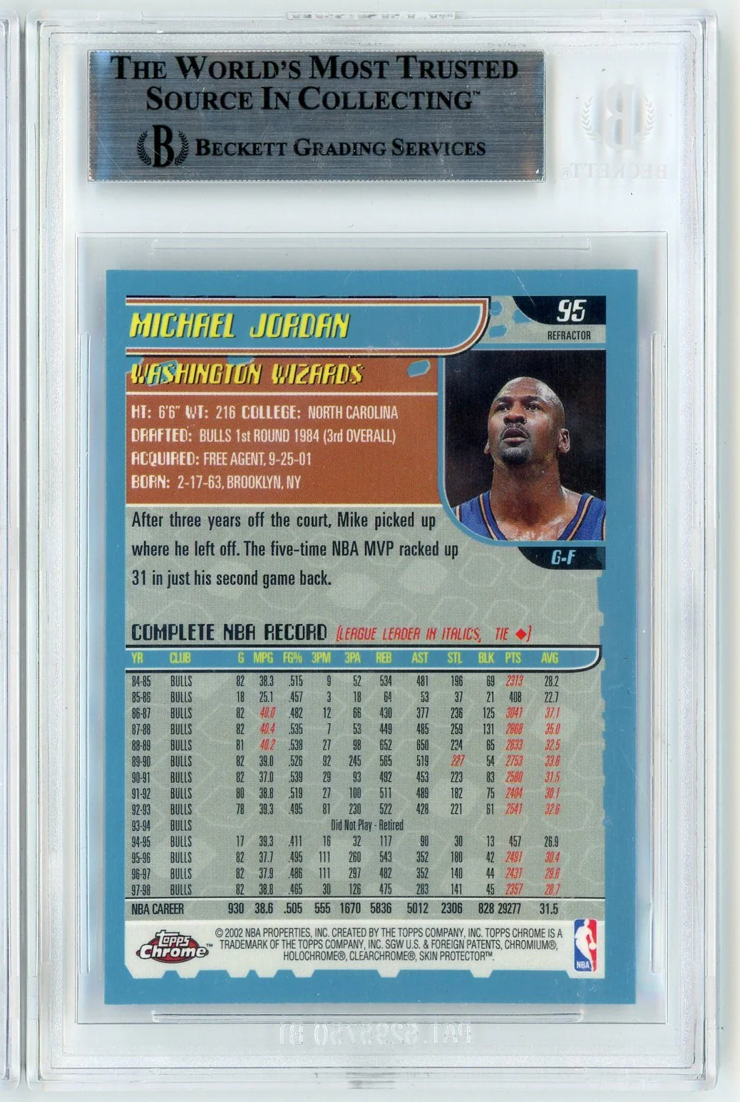 Graded 2001 Topps Chrome Michael Jordan #95 Refractor Basketball Card BGS 8.5 NM-MT+ - Image 2