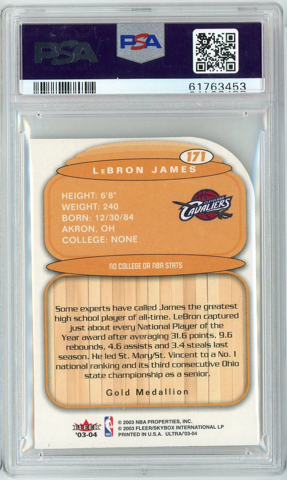 Graded 2003 Fleer Ultra LeBron James #171 Gold Medallion Rookie RC Basketball Card PSA 8 NM-MT - Image 2