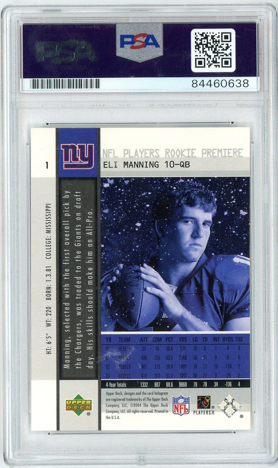 Graded 2004 Upper Deck Eli Manning #1 NFL Players Rookie Premier Rookie RC Football Card PSA Authentic Auto - Image 2