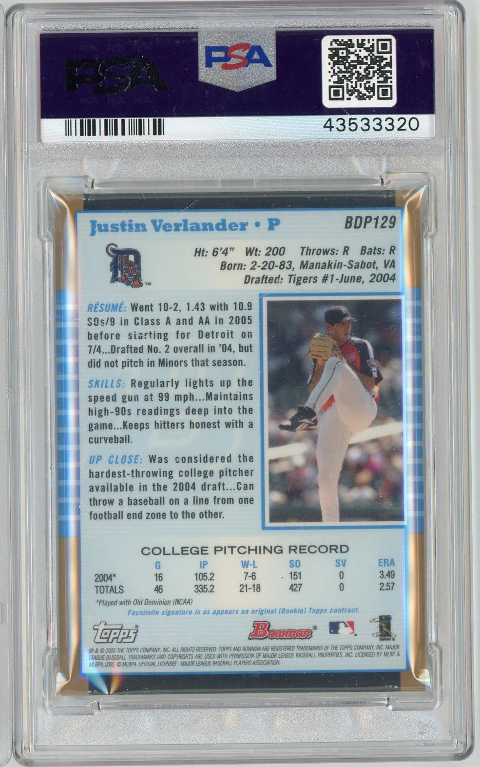 Graded 2005 Bowman Draft Picks Gold Justin Verlander #BDP129 Rookie RC Baseball Card PSA 9 Mint - Image 2