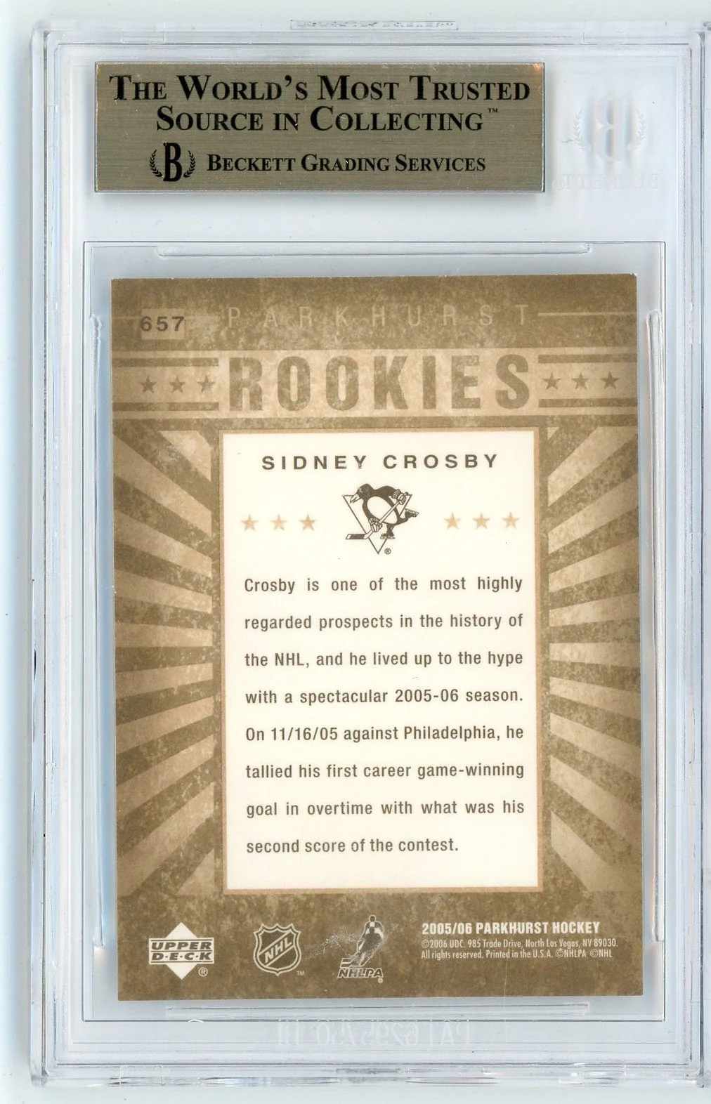 Graded 2005 Upper Deck Parkhurst Sidney Crosby #657 Rookie RC Hockey Card BGS 9.5 Gem Mint - Image 2