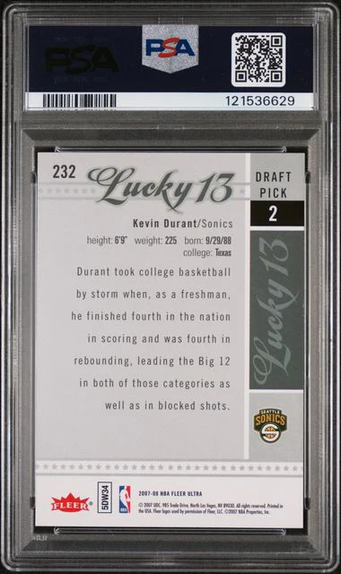 Graded 2007-08 Fleer Ultra Kevin Durant #232 Lucky 13 Rookie RC Basketball Card PSA 9 Mint - Image 2