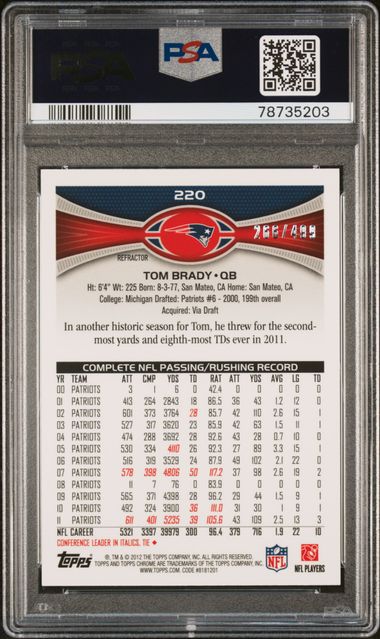 Graded 2012 Topps Chrome Tom Brady #220 Purple Refractor /499 Football Card PSA 10 Gem Mint - Image 2