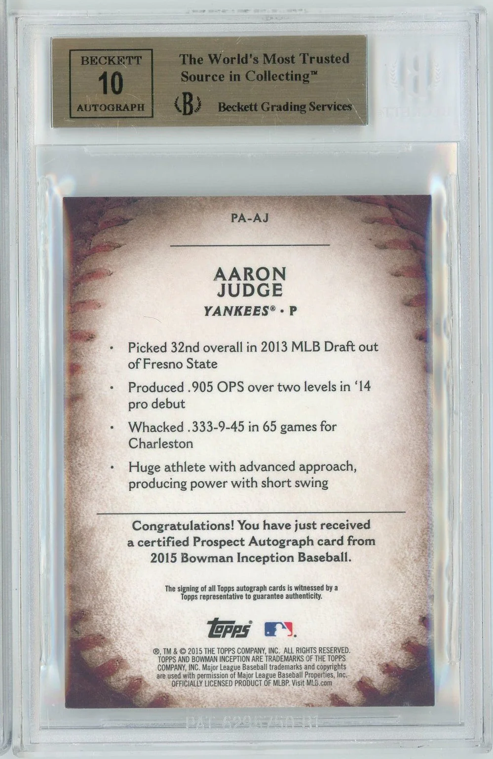 Graded 2015 Bowman Inception Aaron Judge #PAAJ Prospect Autographs Rookie RC Baseball Card BGS 9.5 10 Auto Grade Gem Mint - Image 2