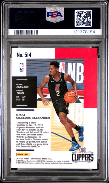 Graded 2018-19 Panini Chronicles Shai Gilgeous-Alexander #514 Rookie RC Basketball Card PSA 10 Gem Mint - Image 2