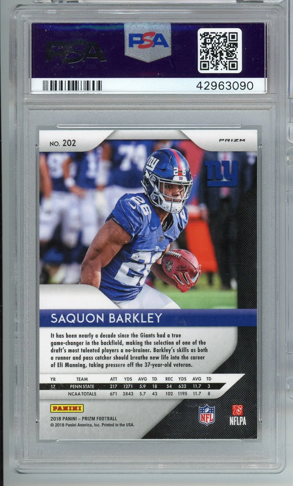 Graded 2018 Panini Prizm Disco Prizm Saquon Barkley #202 Rookie RC Football Card PSA 10 Gem Mint - Image 2