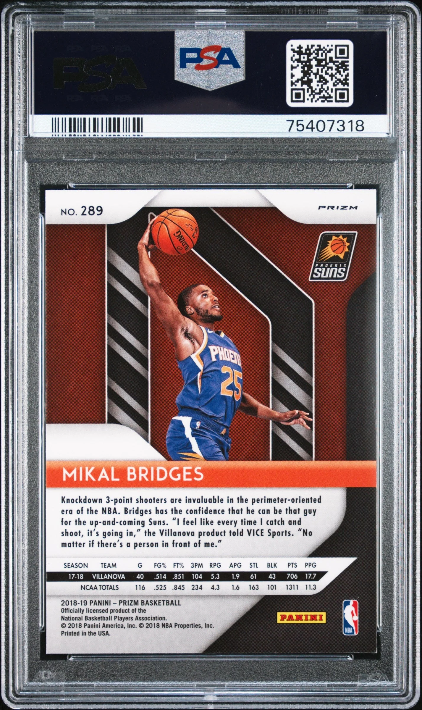 Graded 2018 Panini Prizm Mikal Bridges #289 Red Ice Rookie RC Basketball Card PSA 10 Gem Mint - Image 2