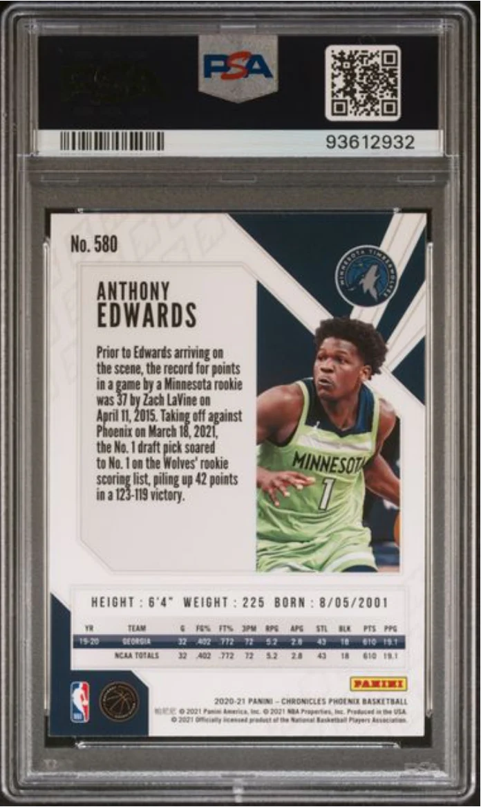 Graded 2020 Panini Chronicles Anthony Edwards #580 Rookie RC Basketball Card PSA 10 Gem Mint - Image 2