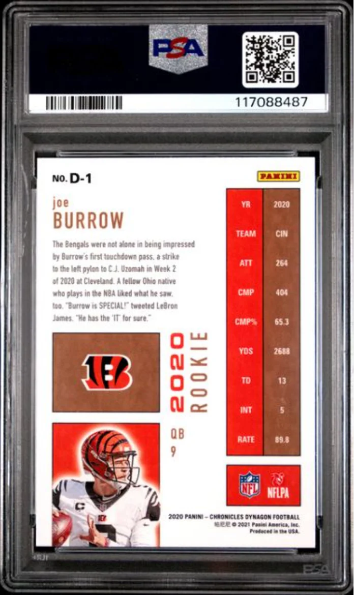 Graded 2020 Panini Chronicles Joe Burrow #D1 Dynagon Rookies Rookie RC Football Card PSA 10 Gem Mint - Image 2
