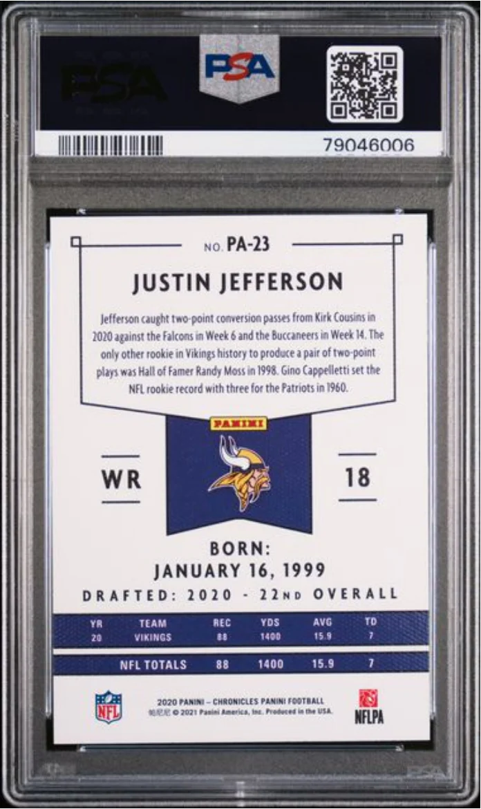 Graded 2020 Panini Chronicles Justin Jefferson #PA23 Panini Rookie RC Football Card PSA 10 Gem Mint - Image 2