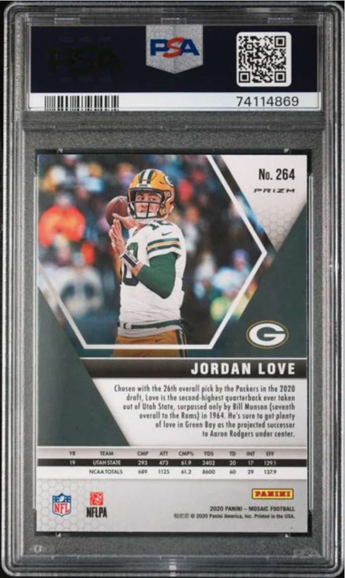 Graded 2020 Panini Mosaic Jordan Love #264 Green Mosaic Rookie RC Football Card PSA 10 Gem Mint - Image 2