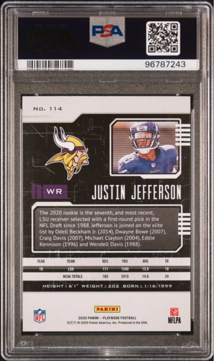 Graded 2020 Panini Playbook Justin Jefferson #114 Rookie RC Football Card PSA 10 Gem Mint - Image 2