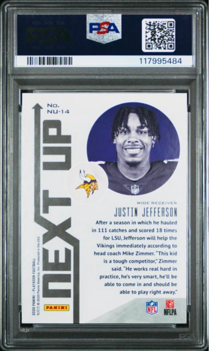 Graded 2020 Panini Playbook Justin Jefferson #14 Next Up Rookie RC Football Card PSA 10 Gem Mint - Image 2