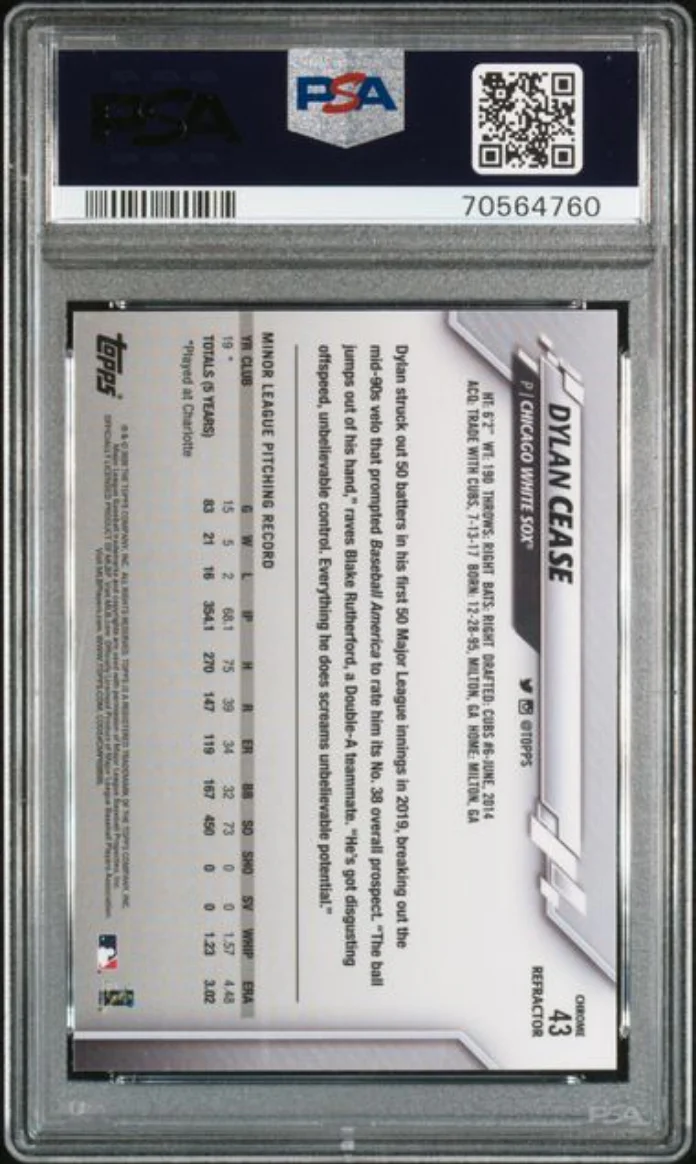Graded 2020 Topps Chrome Dylan Cease #43 Pink Refractor Rookie RC Baseball Card PSA 10 Gem Mint - Image 2