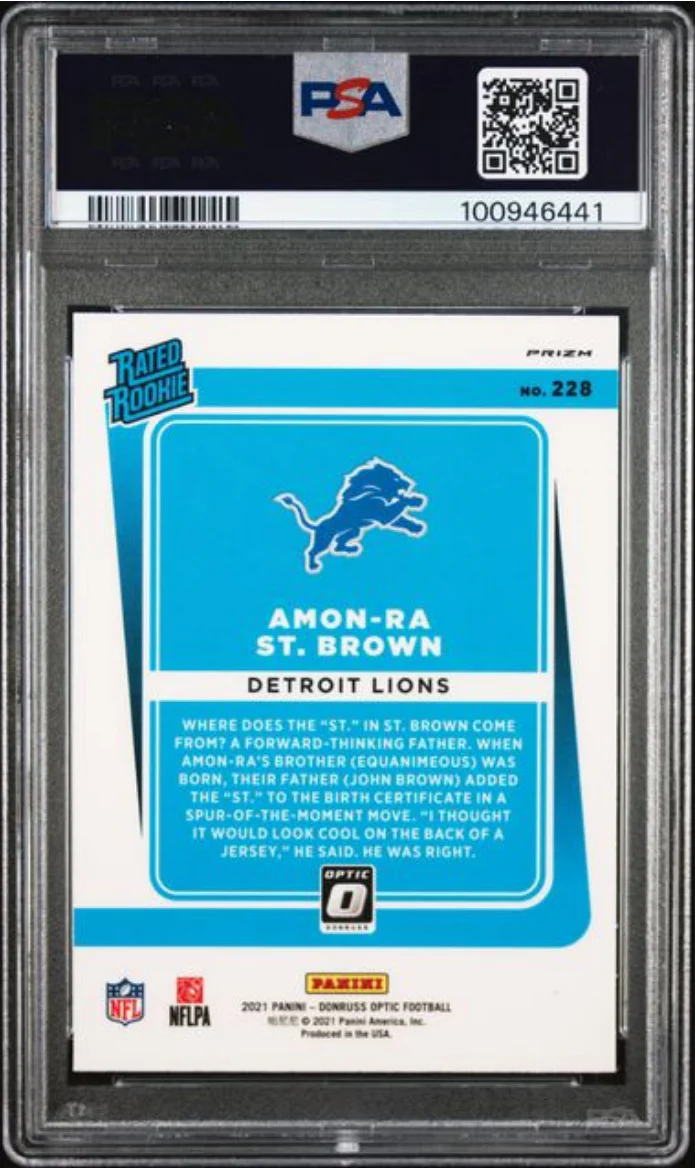 Graded 2021 Panini Donruss Optic Amon-Ra St. Brown #228 Purple Shock Rookie RC Football Card PSA 10 Gem Mint - Image 2