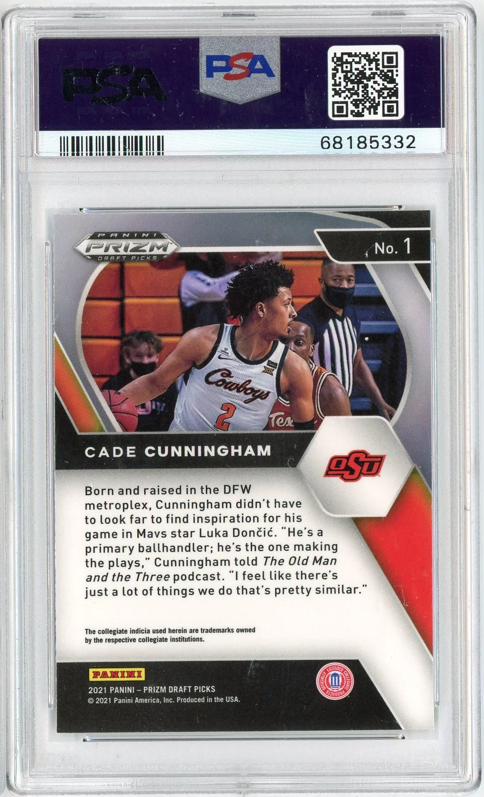 Graded 2021 Panini Prizm Draft Picks Cade Cunningham #1 Rookie RC Basketball Card PSA 10 Gem Mint - Image 2