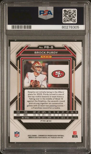 Graded 2022 Panini Chronicles Brock Purdy #PB8 Prizm Black Silver Rookie RC Football Card PSA 10 Gem Mint - Image 2