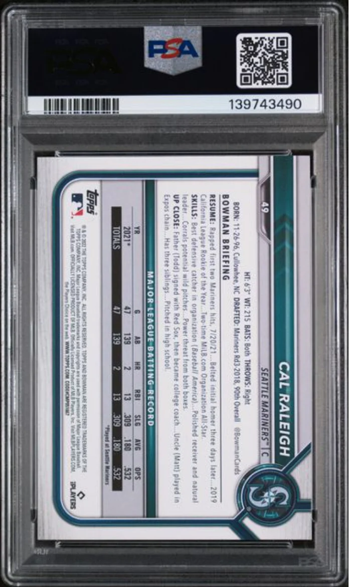 Graded 2022 Topps Bowman Cal Raleigh #49 Rookie RC Baseball Card PSA 10 Gem Mint - Image 2