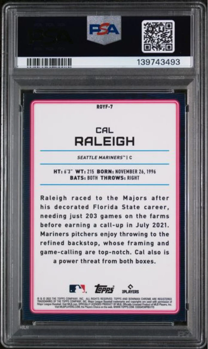 Graded 2022 Topps Bowman Cal Raleigh #ROYF7 Chrome ROY Favorites Rookie RC Baseball Card PSA 10 Gem Mint - Image 2