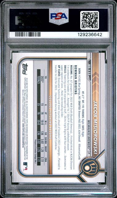 Graded 2022 Topps Bowman Draft 1st Edition Jacob Misiorowski #BD132 Rookie RC Baseball Card PSA 10 Gem Mint - Image 2