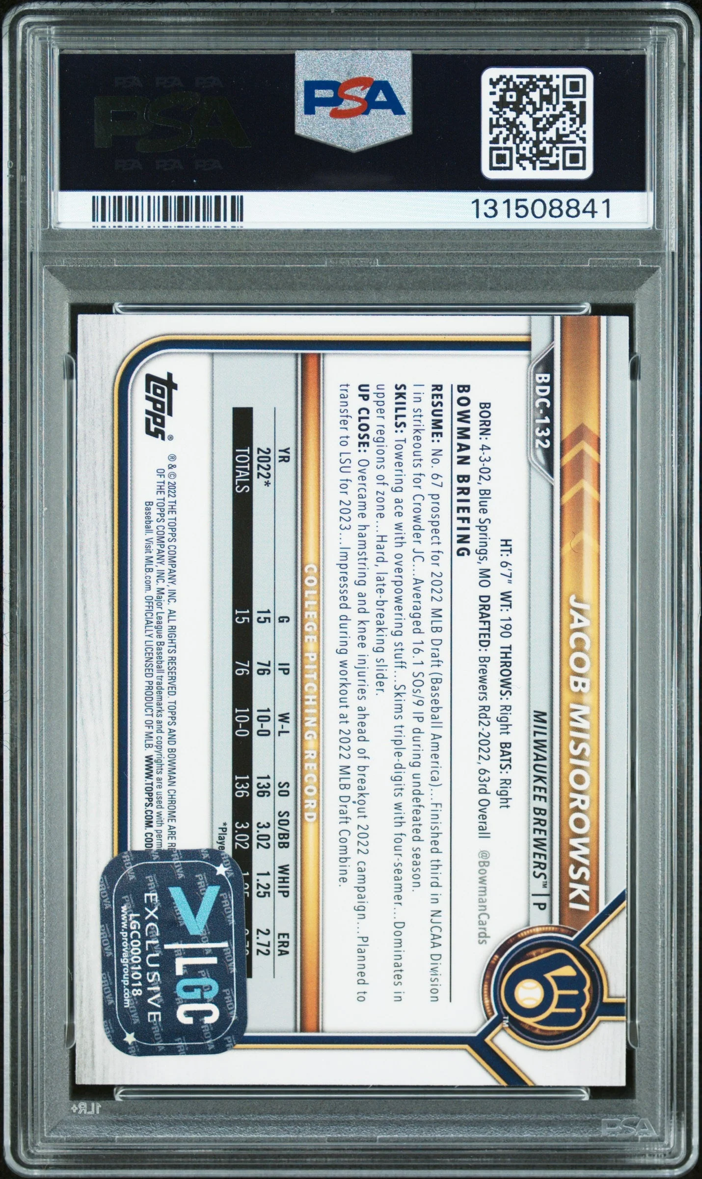 Graded 2022 Topps Bowman Draft Jacob Misiorowski #BDC-132 Chrome Rookie RC Baseball Card PSA 10 Auto Grade Gem Mint - Image 2