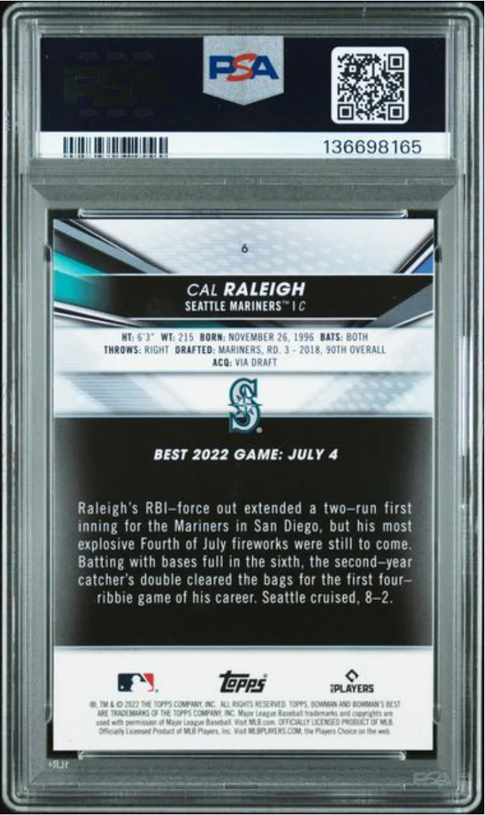 Graded 2022 Topps Bowmans Best Cal Raleigh #6 Rookie RC Baseball Card PSA 10 Gem Mint - Image 2