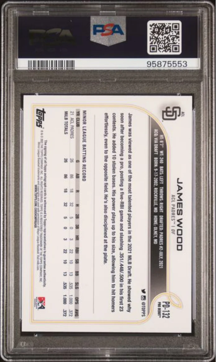Graded 2022 Topps Pro Debut James Wood #PD132 Autograph Rookie RC Baseball Card PSA 10 Gem Mint - Image 2