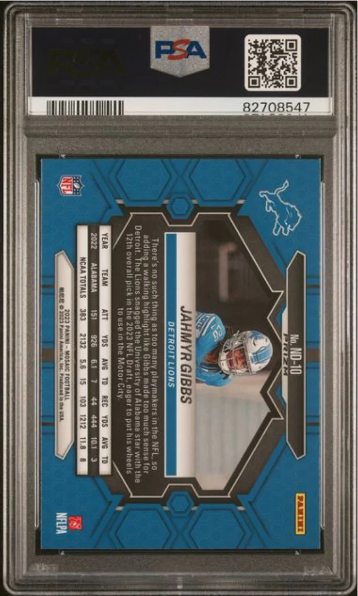 Graded 2023 Mosaic Jahmyr Gibbs #ND10 Red Rookie RC Football Card PSA 10 Gem Mint - Image 2