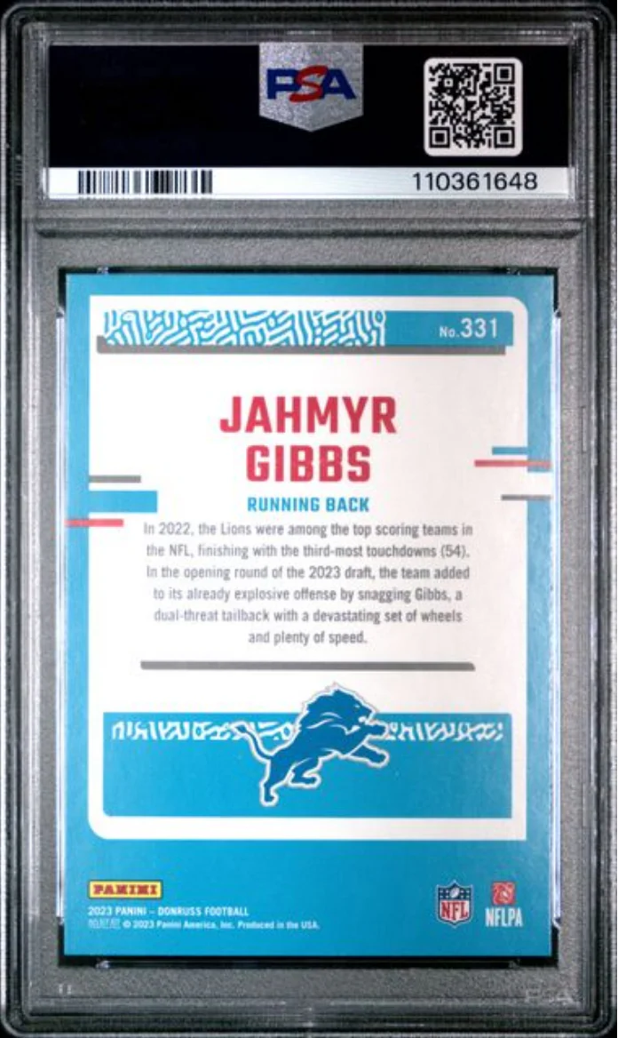 Graded 2023 Panini Donruss Jahmyr Gibbs #331 Press Proof Blue Rookie RC Football Card PSA 10 Gem Mint - Image 2
