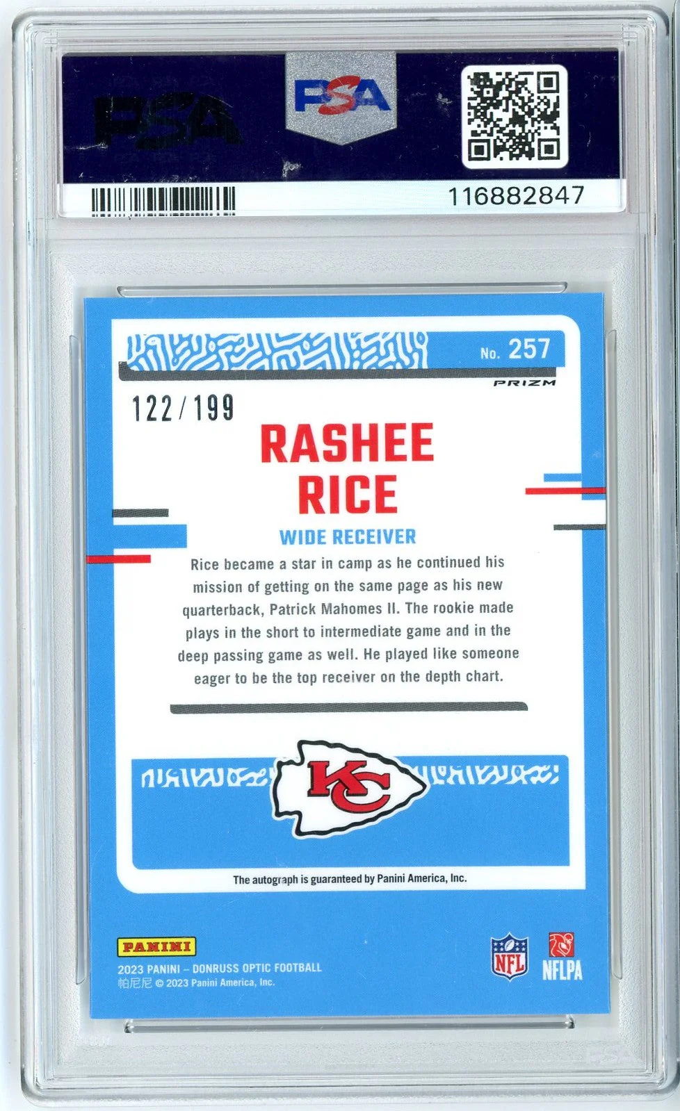 Graded 2023 Panini Donruss Optic Rashee Rice #257 /199 Autograph Rookie RC Football Card PSA 10 Gem Mint - Image 2