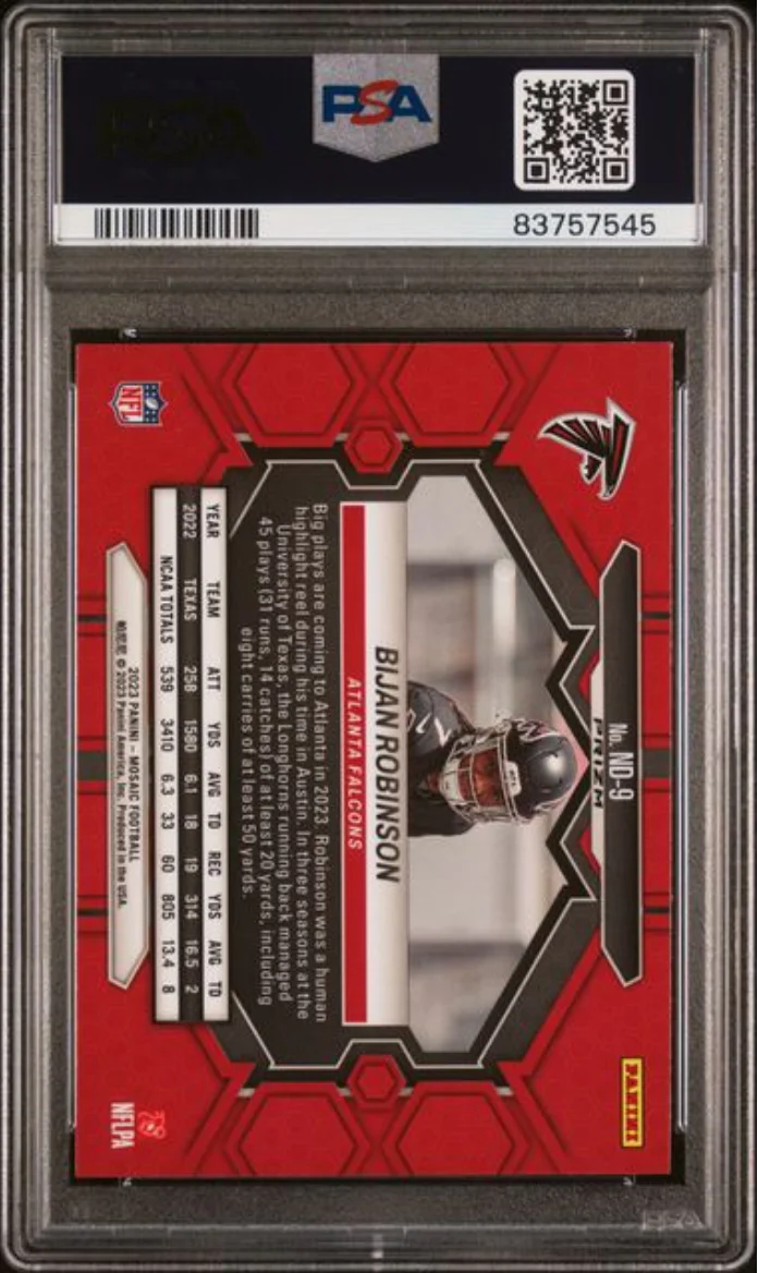 Graded 2023 Panini Mosaic Bijan Robinson #ND9 Silver Rookie RC Football Card PSA 10 Gem Mint - Image 2