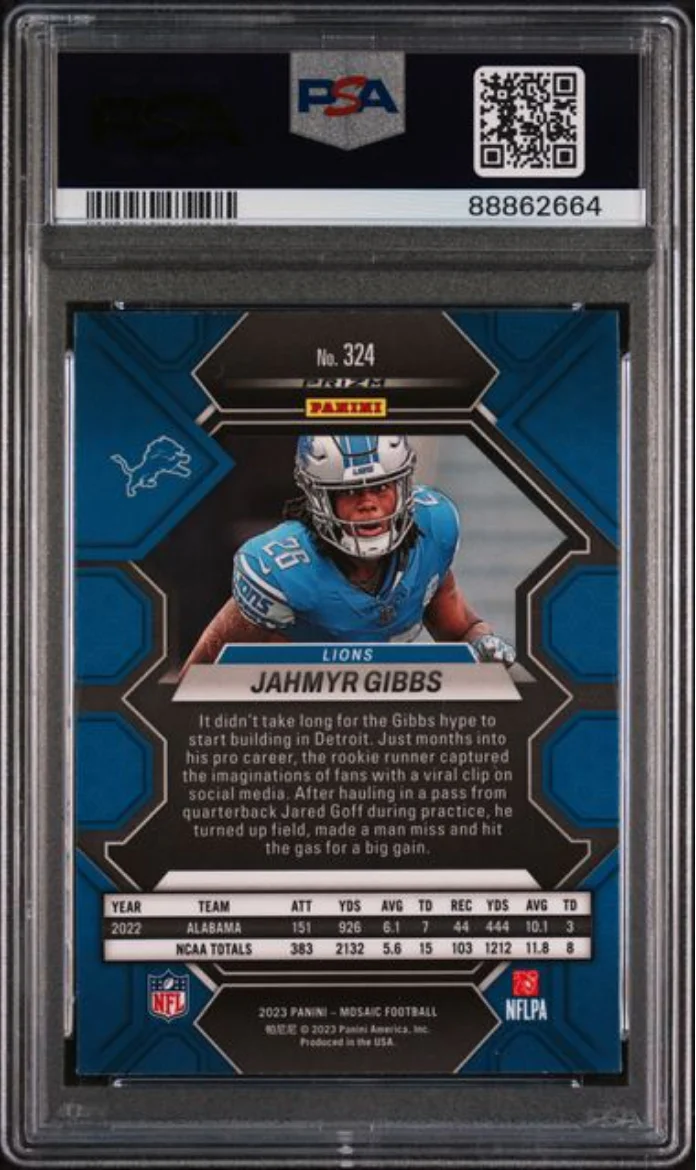Graded 2023 Panini Mosaic Jahmyr Gibbs #324 Green Rookie RC Football Card PSA 10 Gem Mint - Image 2