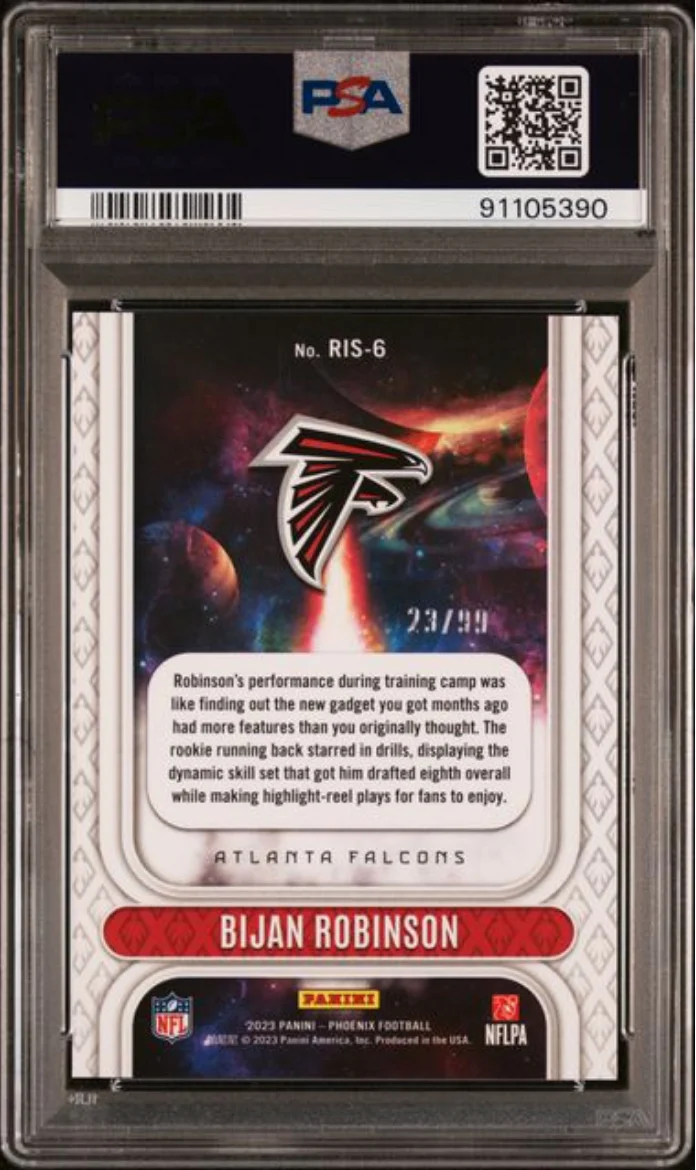 Graded 2023 Panini Phoenix Bijan Robinson #RIS6 Rookie Rising Orange /99 Rookie RC Football Card PSA 10 Gem Mint - Image 2