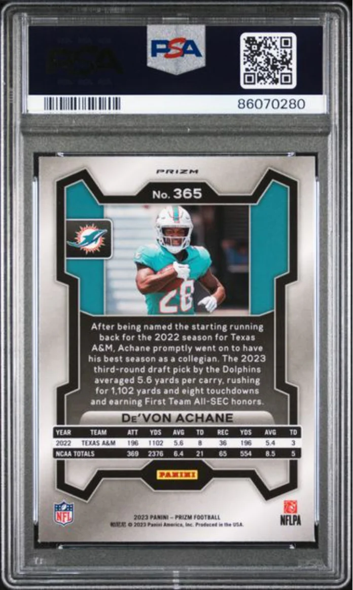 Graded 2023 Panini Prizm Devon Achane #365 Lazer Rookie RC Football Card PSA 10 Gem Mint - Image 2